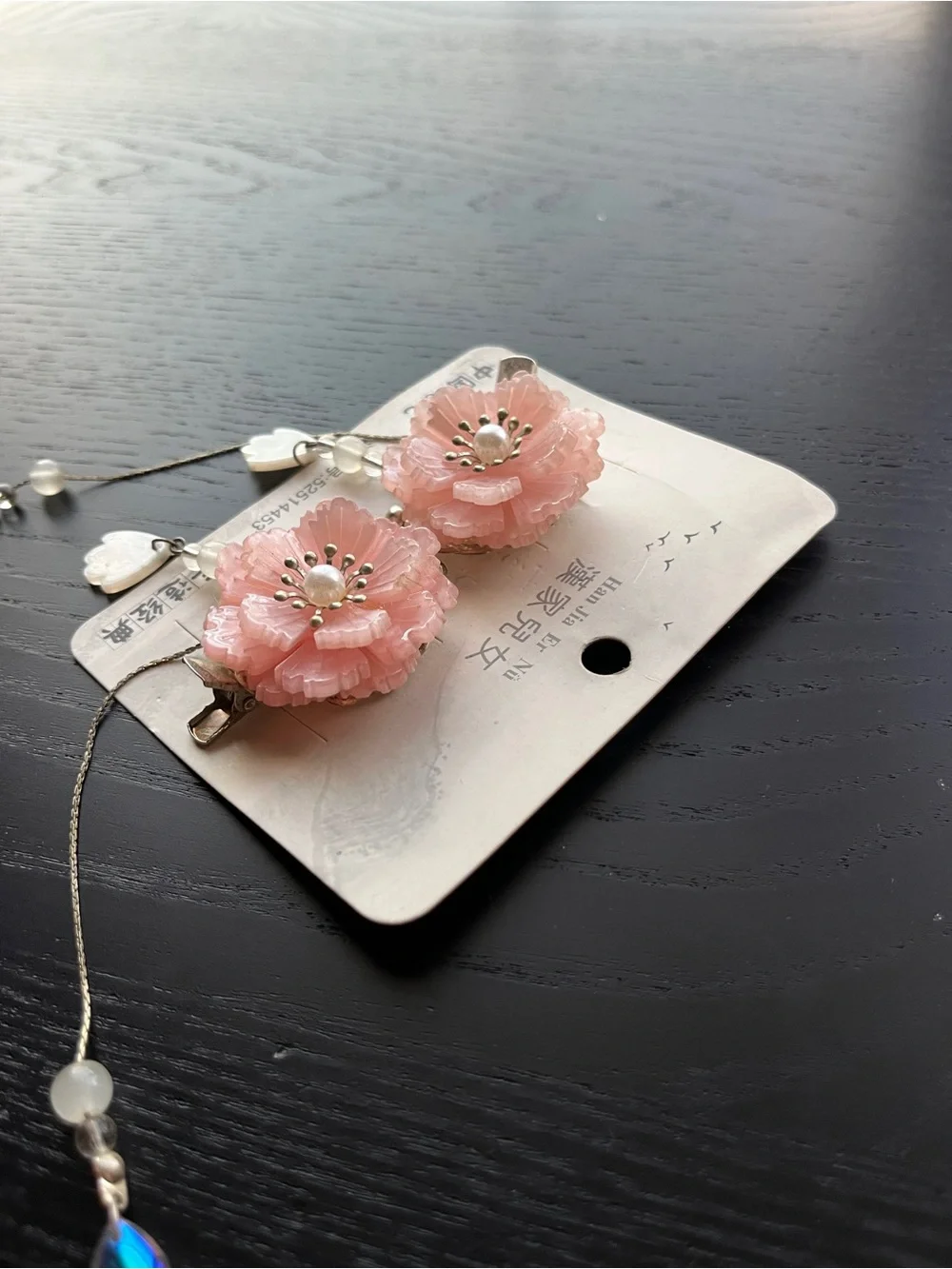 Pink Floral Tassel Hair Clips with Pearl and Teardrop Charms 2pc Set